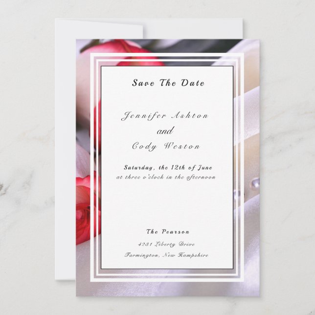 Blush Roses & Pearls Rink Red Cream Wedding Save The Date (Front)