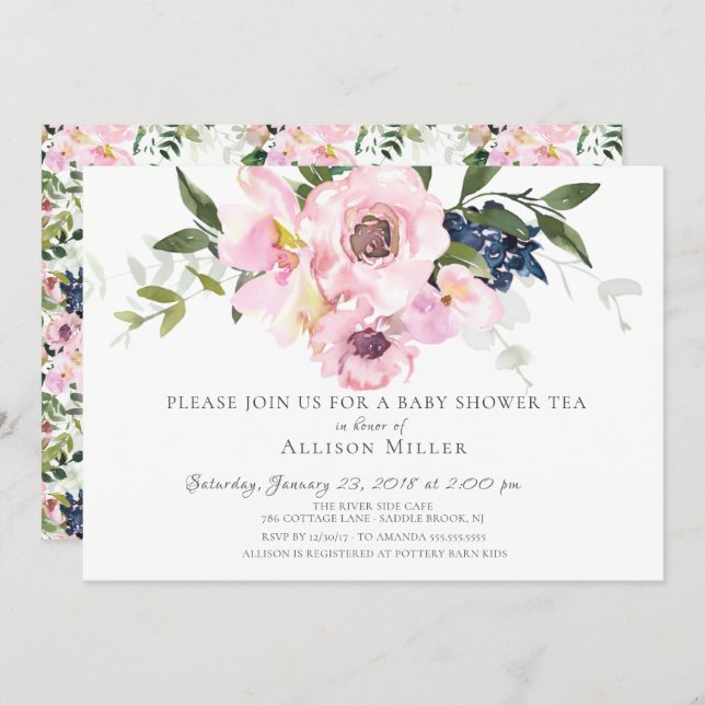 Blush Roses & Peonies Baby Tea Party Invitation (Front/Back)