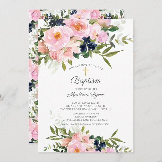 Blush Roses & Peonies Baptism Invitation (Front/Back)