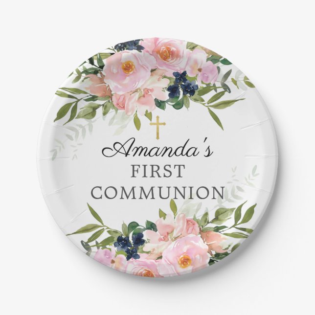 Blush Roses & Peonies Communion Paper Plates (Front)