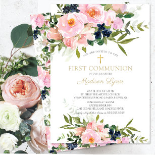 Blush Roses & Peonies First Communion Invitation