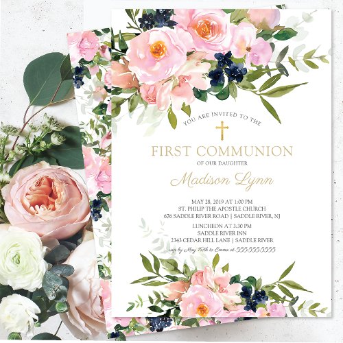 Blush Roses  Peonies First Communion Invitation