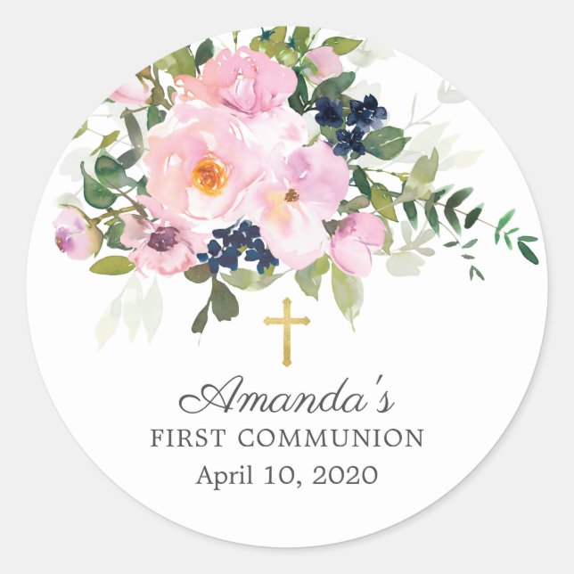 Blush Roses & Peonies First Communion Sticker (Front)
