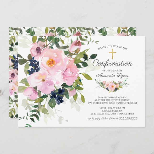 Blush Roses & Peonies Floral Confirmation Invitation (Front/Back)