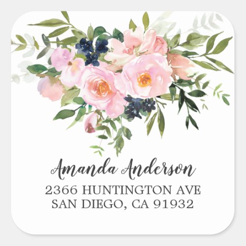 Blush Roses  Peonies Floral Return Address Square Sticker