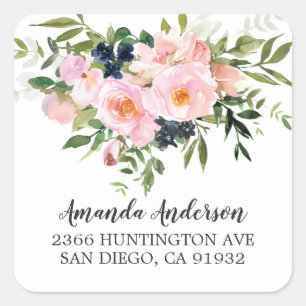 Blush Roses & Peonies Floral Return Address Square Sticker