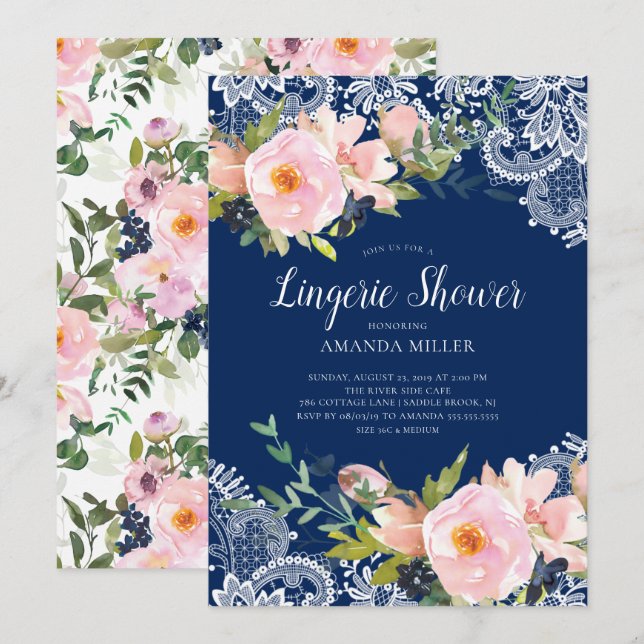 Blush Roses & Peonies Lace Bridal Lingerie Shower Invitation (Front/Back)