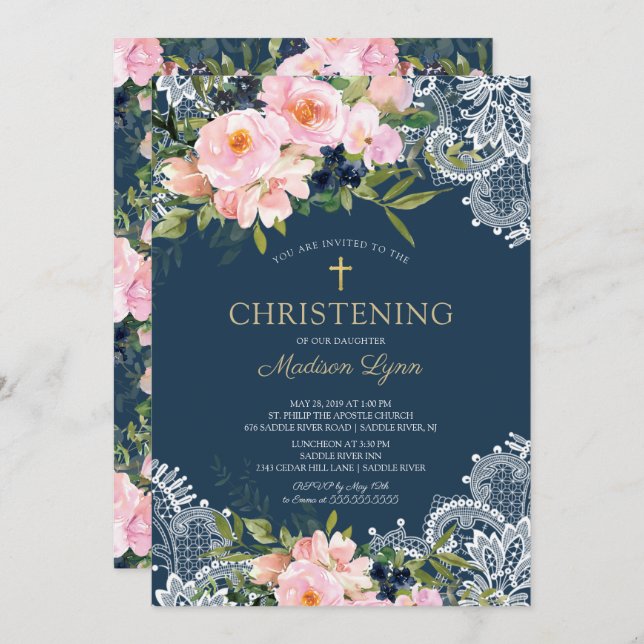 Blush Roses & Peonies Lace Christening Invitation (Front/Back)