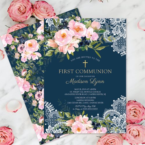 Blush Roses  Peonies Lace First Communion Invitation