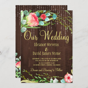 Blush roses rustic string lights barn wood wedding invitation