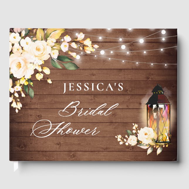 Blush Roses Rustic Wood Lantern Bridal Shower Guest Book (Front)