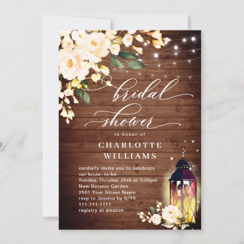 Blush Roses Rustic Wood Lantern Bridal Shower Invitation
