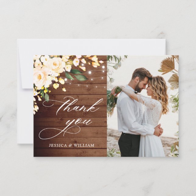 Blush Roses Rustic Wood Lantern Photo Thank You Card (Front)