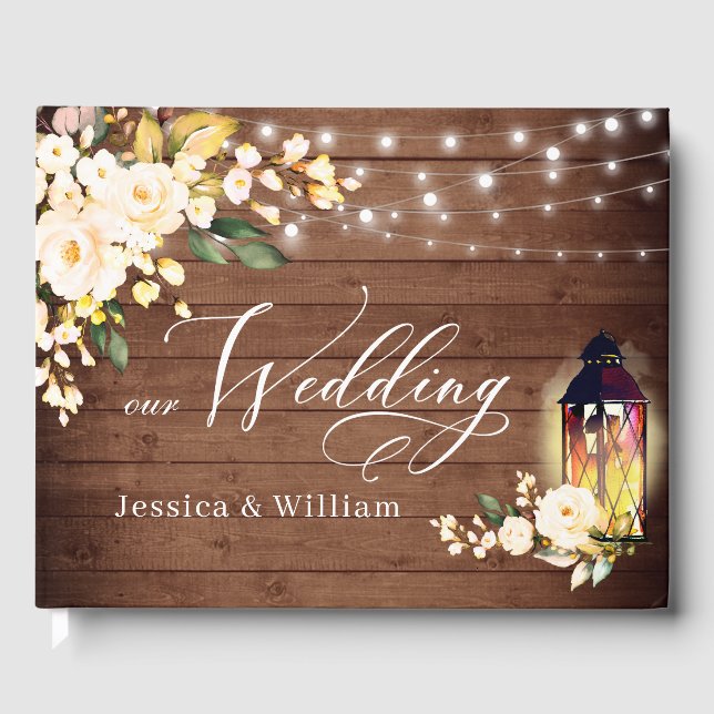 Blush Roses Rustic Wood Lantern PHOTO Wedding Guest Book (Front)