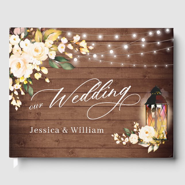 Blush Roses Rustic Wood Lantern PHOTO Wedding Guest Book (Front)