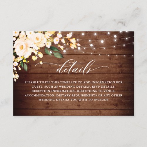 Blush Roses Rustic Wood Lantern Wedding Details Enclosure Card