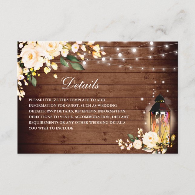 Blush Roses Rustic Wood Lantern Wedding Details Enclosure Card (Front)