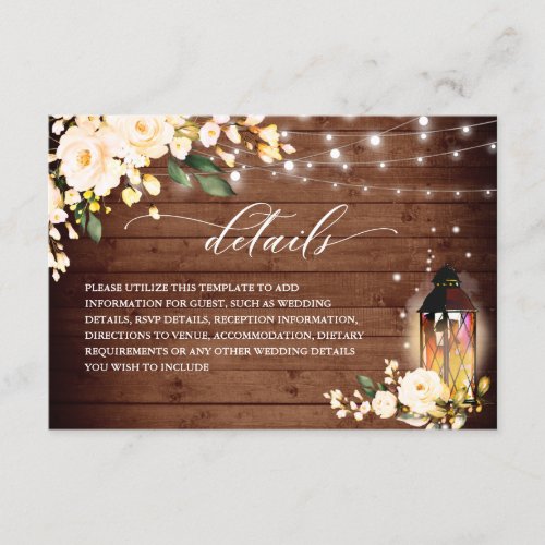 Blush Roses Rustic Wood Lantern Wedding Details Enclosure Card