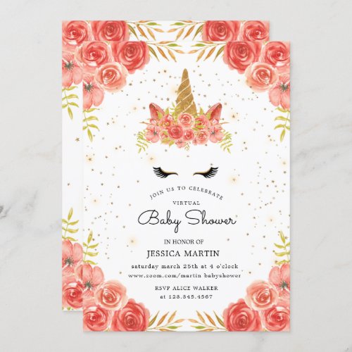 blush roses sleepy unicorn virtual baby shower invitation