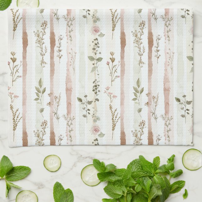 Blush Roses Stripes Floral Kitchen Towel (Folded)