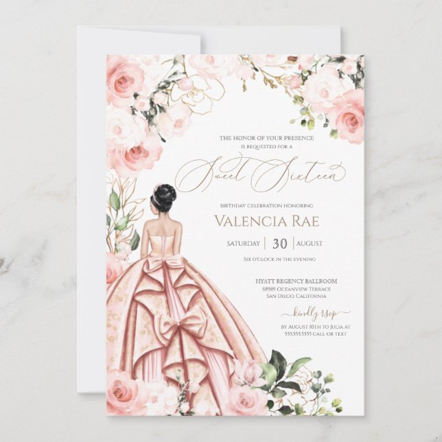 Blush Roses Sweet 16 Pretty in Pink Beautiful Gown Invitation (Front)