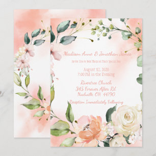 Blush Roses Watercolor Elegant Script Wedding Invitation