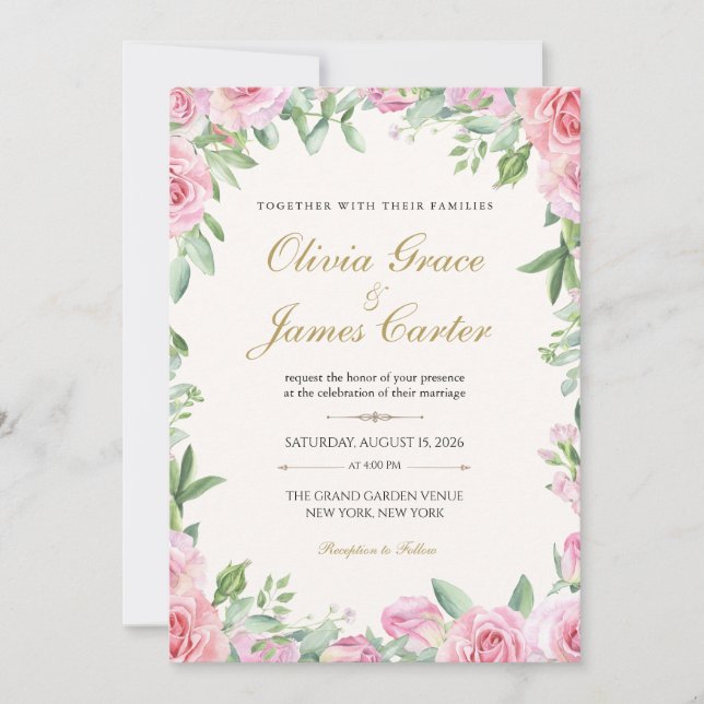 Blush Roses Wedding Invitation | Editable Floral (Front)