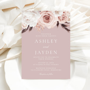 Blush Roses & White Flowers Dusty Pink Wedding Invitation