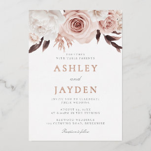Blush Roses & White Flowers Wedding Rose Gold Foil Invitation