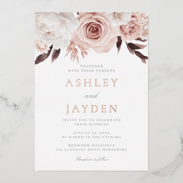 Blush Roses & White Flowers Wedding Rose Gold Foil Invitation (Front)