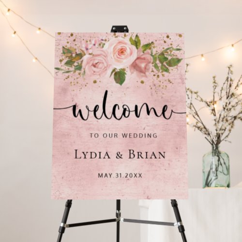 Blush Roses with Gold Wedding Welcome Sign