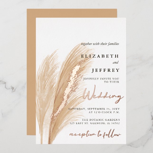 Blush Rustic Earthy Neutral Boho Pampas Wedding Foil Invitation (Front/Back)