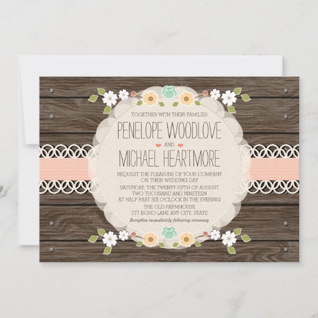 BLUSH RUSTIC FLORAL BOHO WEDDING INVITATIONS (Front)