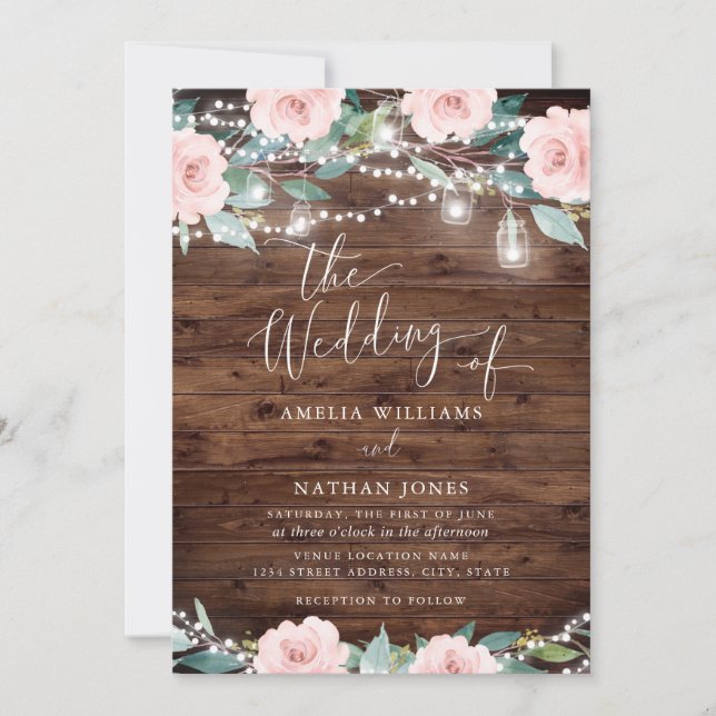 Blush Rustic Leaf String lights Wedding Invitation (Front)