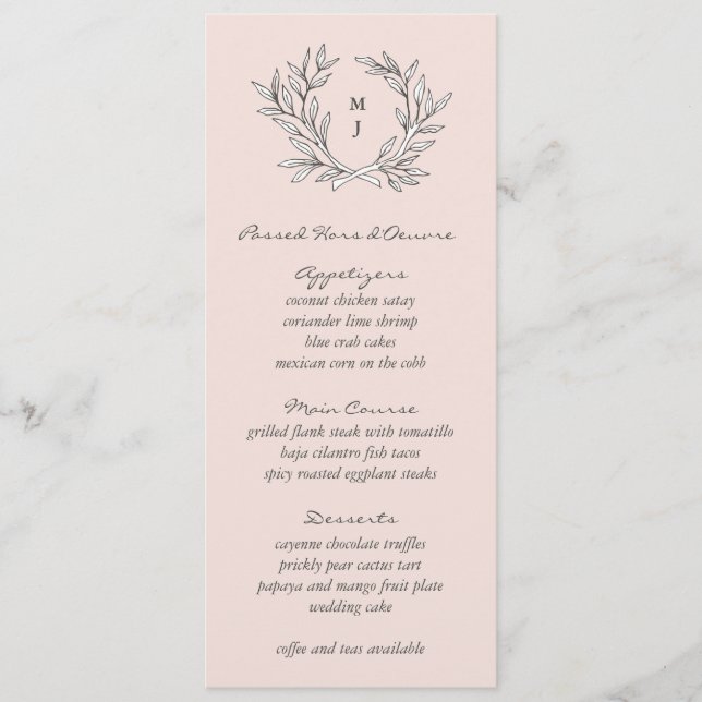 Blush Rustic Monogram Wreath Weddin Reception Menu (Front)