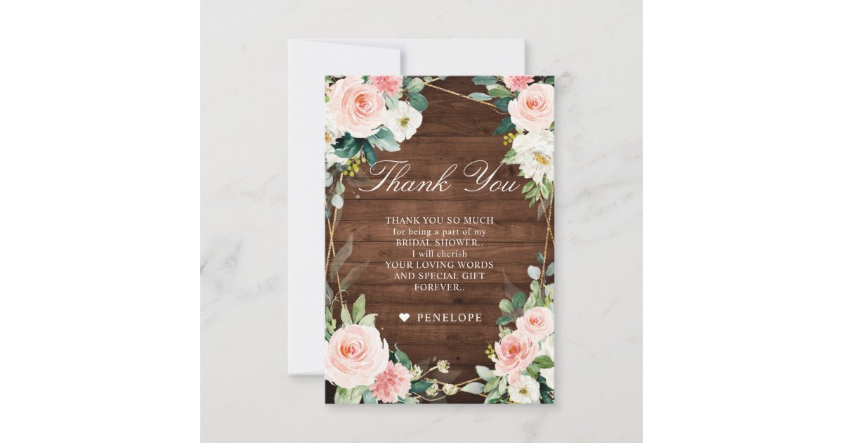 Blush Rustic Wood Botanical Bridal Shower Thank You Card | Zazzle