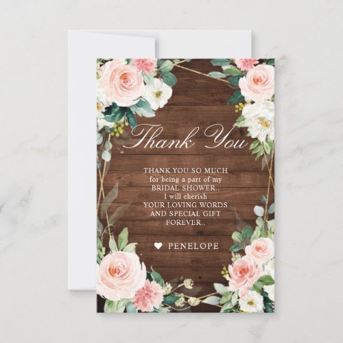 Blush Rustic Wood  Botanical Bridal Shower Thank You Card