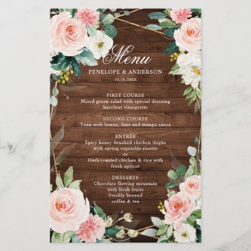 Blush Rustic Wood Botanical Wedding Menu