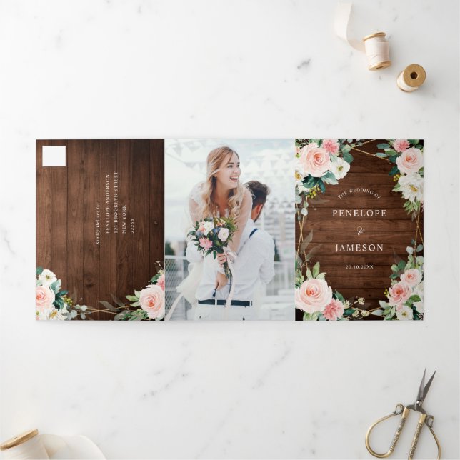 Blush Rustic Wood Floral Geometric Botanical Tri-F Tri-Fold Program (Outside)
