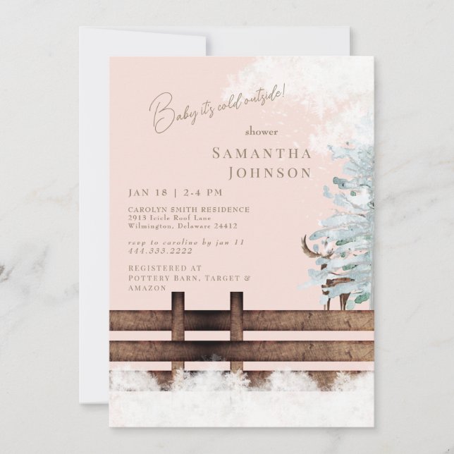 Blush Rustic Woodland Baby it's Cold Outside Invitation (Front)