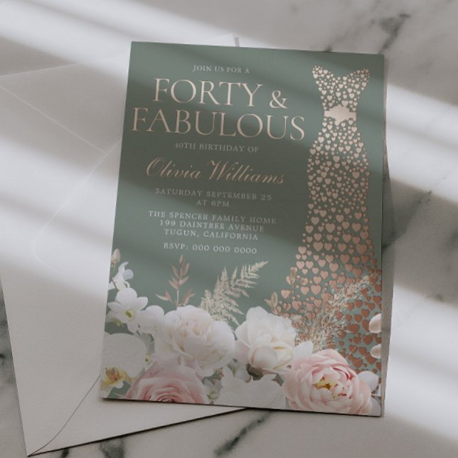  Blush & Sage 40th Birthday Rose Gold Gown Foil Invitation (Creator Uploaded)