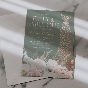 Blush Sage 50th Birthday Rose Gold Gown Foil Invitation