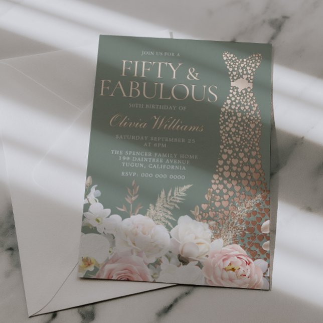 Blush Sage 50th Birthday Rose Gold Gown Foil Invitation (Creator Uploaded)