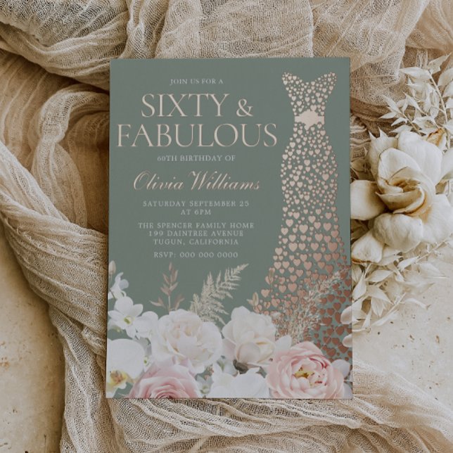  Blush Sage 60th Birthday Rose Gold Gown Foil Invitation (Creator Uploaded)