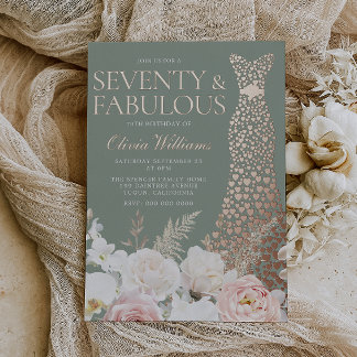Blush Sage 70th Birthday Rose Gold Gown Foil Invitation