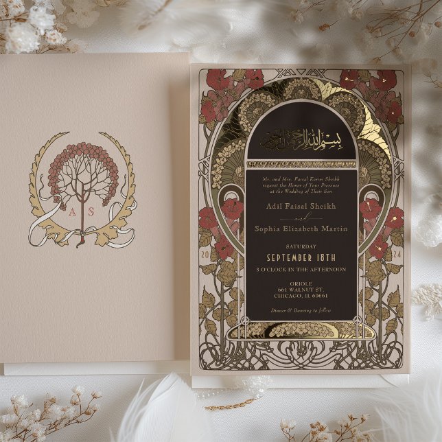 Blush Sage Art Nouveau Islamic Wedding Foil Invitation (Creator Uploaded)