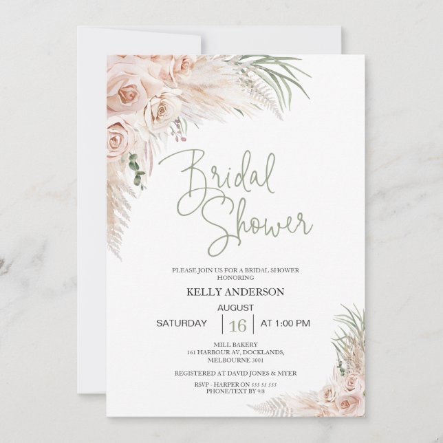 Blush Sage Boho Floral Bridal Shower Invitation (Front)