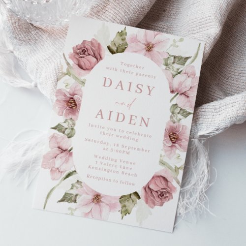 Blush  Sage Dusty Rose Floral Frame Wedding Invitation