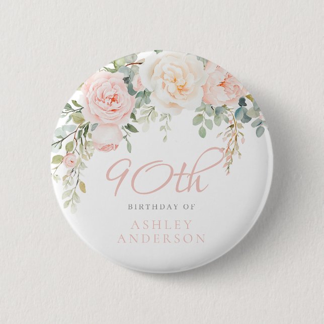Blush & Sage Elegant Flowers 90th Birthday Party Button (Front)