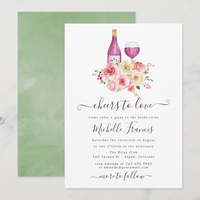 Blush & Sage Floral Bridal Shower Wine Tasting Invitation (Front/Back)